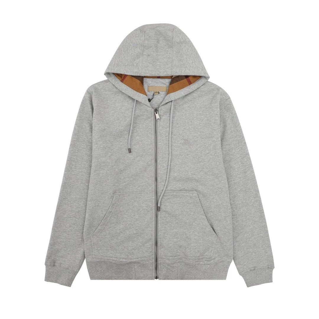 Burberry Check Detailed Zipped Hoodie Grey