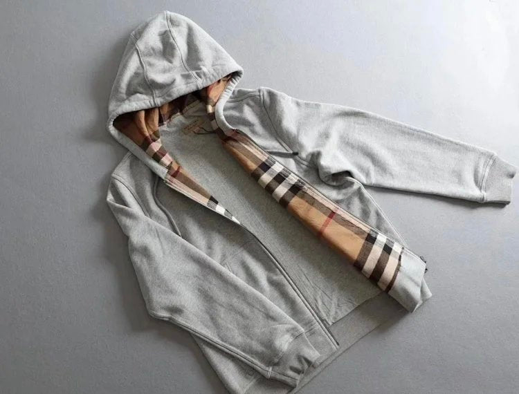 Burberry Check Detailed Zipped Hoodie Grey