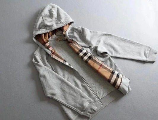 Burberry Check Detailed Zipped Hoodie Grey